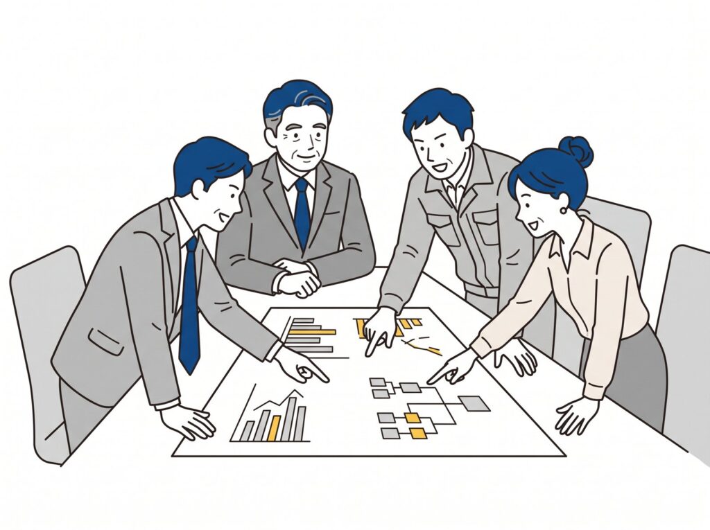 社長と営業部長・工場長・総務課長が1つのテーブルで会社全体の資料を囲み、話し合っているイラスト