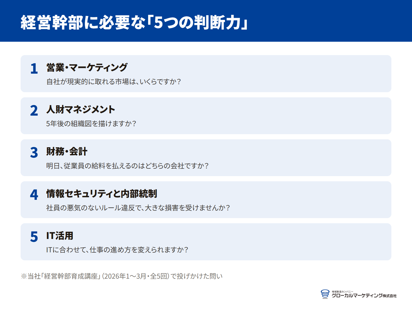 経営幹部に必要な5つの判断力：営業・マーケティング、人財マネジメント、財務・会計、情報セキュリティと内部統制、IT活用と、それぞれの問い